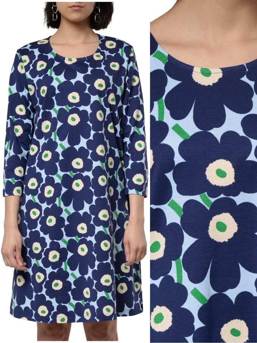 Marimekko Aretta Mini Unikot Dress Size M Cotton Floral Blue Green Ivory Print